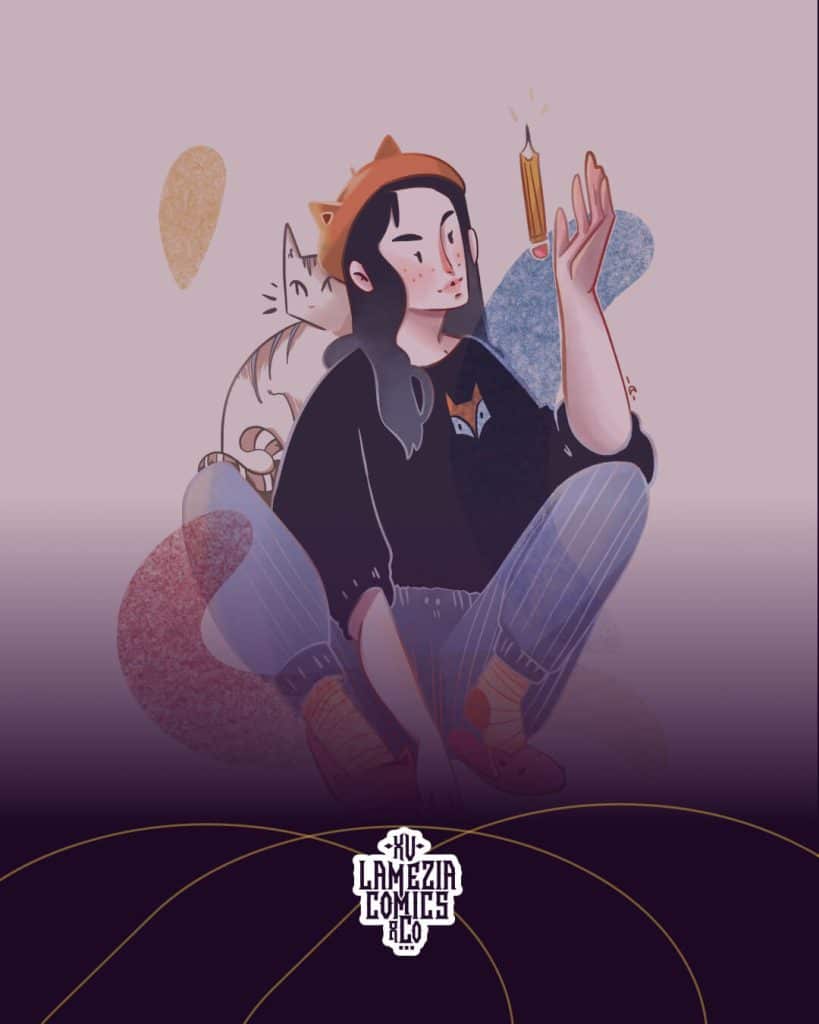 Illustrazione di ragazza con gatto e matita.