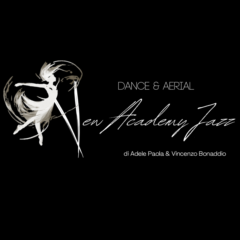 Logo New Academy Jazz danza aerea, a sinistra immagine di una ballerina sulle punte, a destra scritte con nome associazione e proprietari (Adele Paola & VIncenzo Bonaddio)