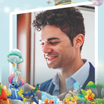 Sorridente uomo con sfondo cartoni animati colorato