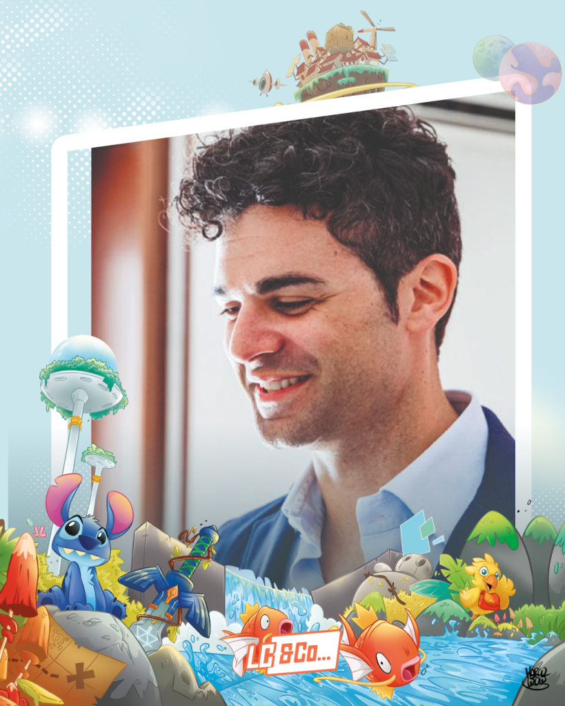 Sorridente uomo con sfondo cartoni animati colorato