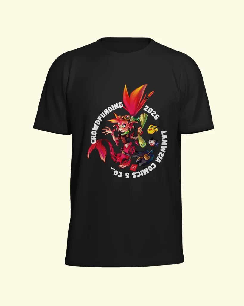 Maglietta nera con illustrazione fantasy colorata
