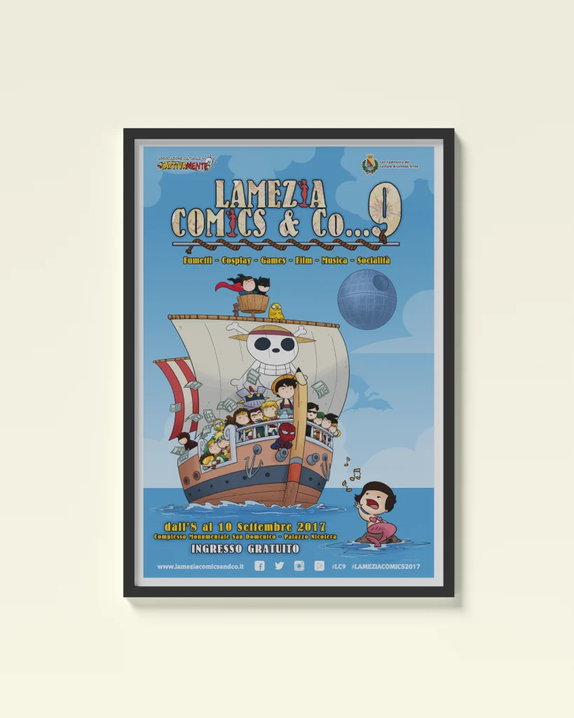 Poster Lamezia Comics con nave e personaggi cartoon