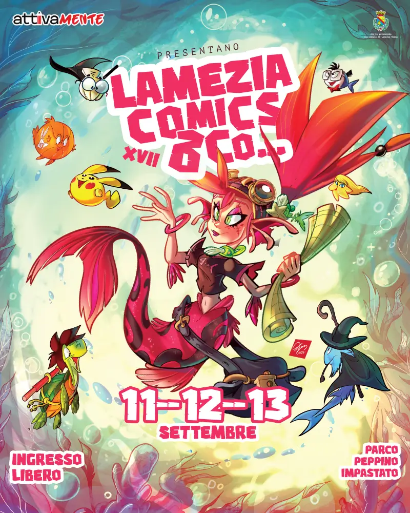 Locandina Lamezia Comics con sirena fantasy colorata