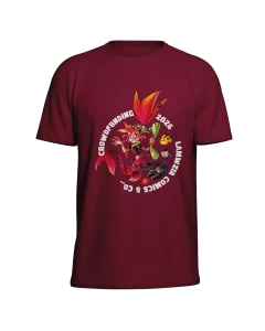 Maglietta bordeaux con illustrazione fantasy e scritta crowdfunding