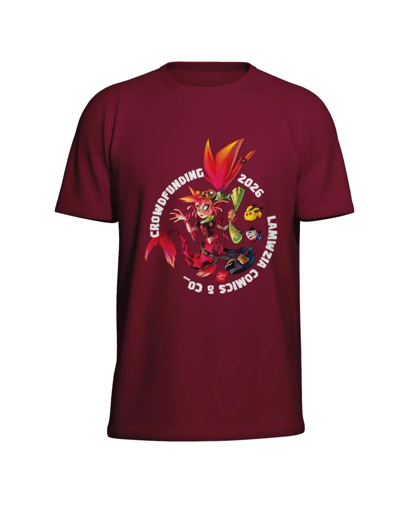 Maglietta bordeaux con illustrazione fantasy e scritta crowdfunding