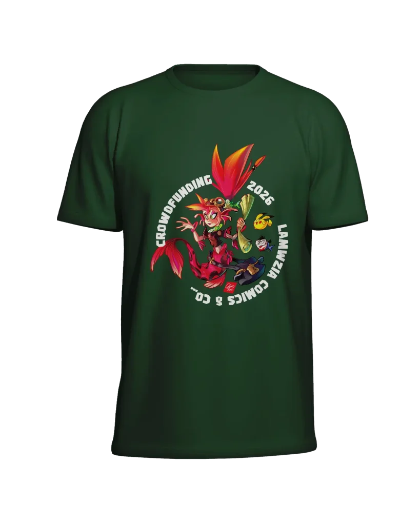 Maglietta verde con illustrazione fantasy colorata