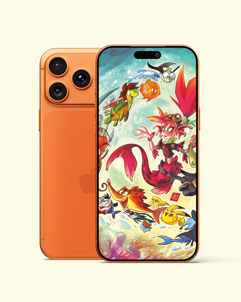 Smartphone arancione con illustrazione subacquea colorata